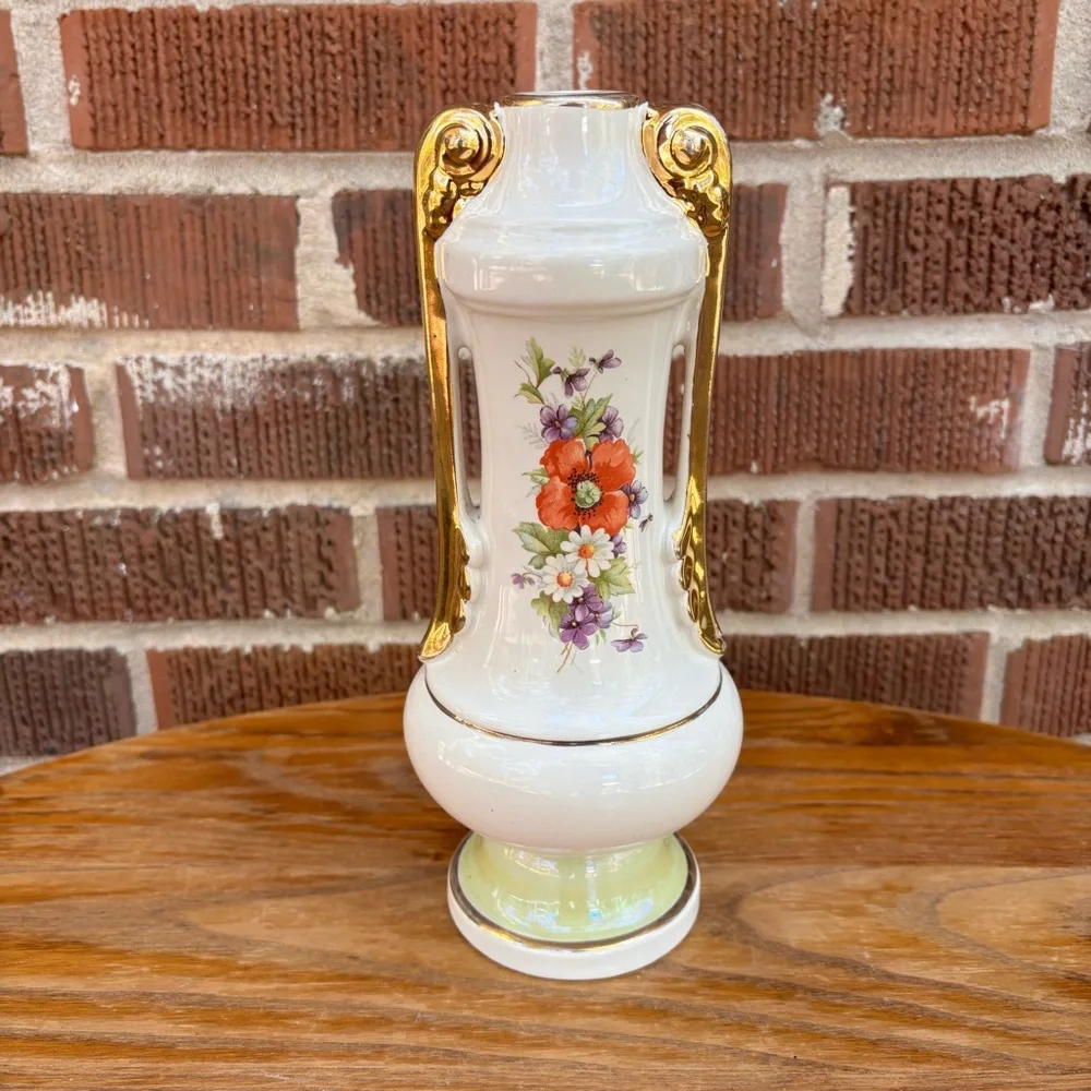 Vintage Hand Painted Porcelain Flower Lamp Base ONLY Golden accents